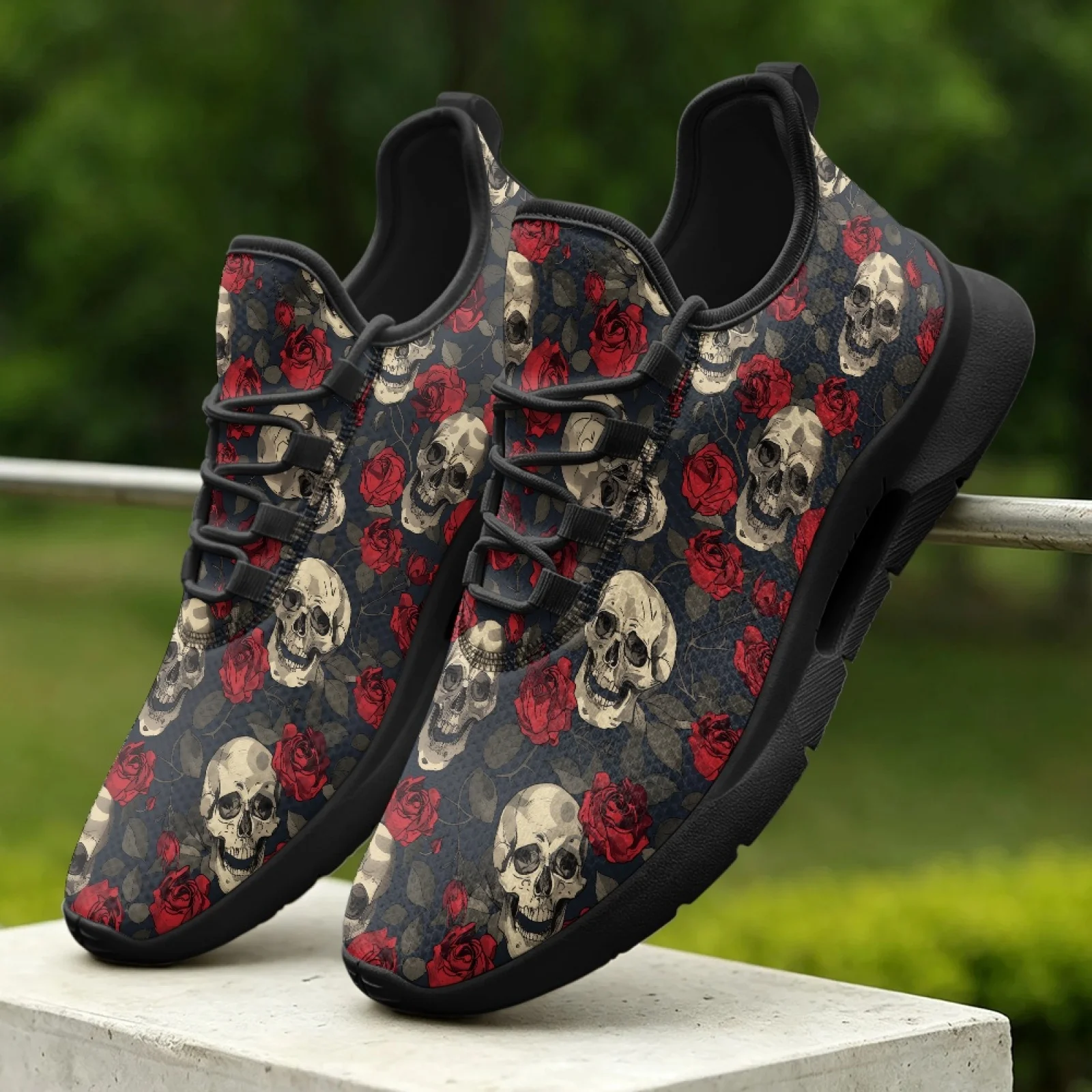 PENSTROLL Skull and Rose Lightweight Men's Fashion Sneakers for Unisex Business Office, Breathable Mesh Sneakers