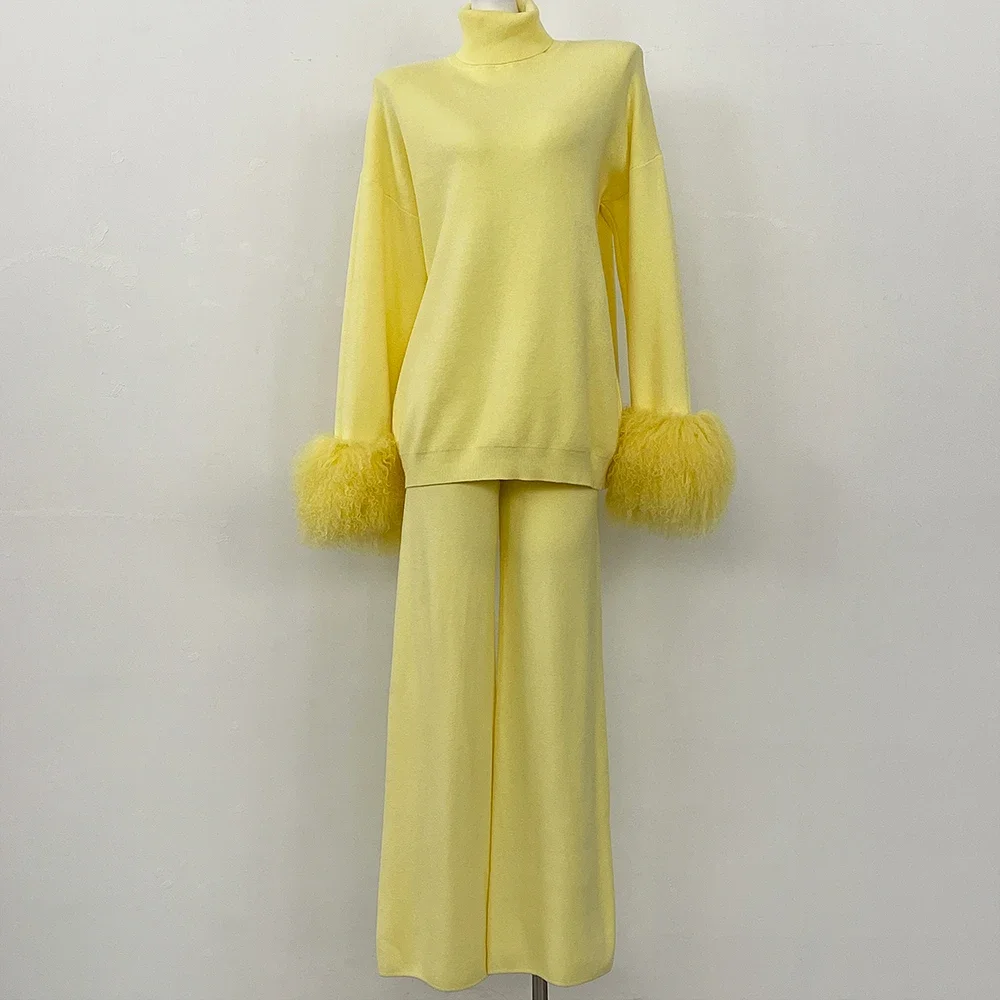 ニットウェア レディース ウール＆ブレンド ニットプルオーバー＆パンツ 本物のモンゴル産羊毛ファー袖口 セーターセット 本物の毛皮ニットスーツ 2025年新作
