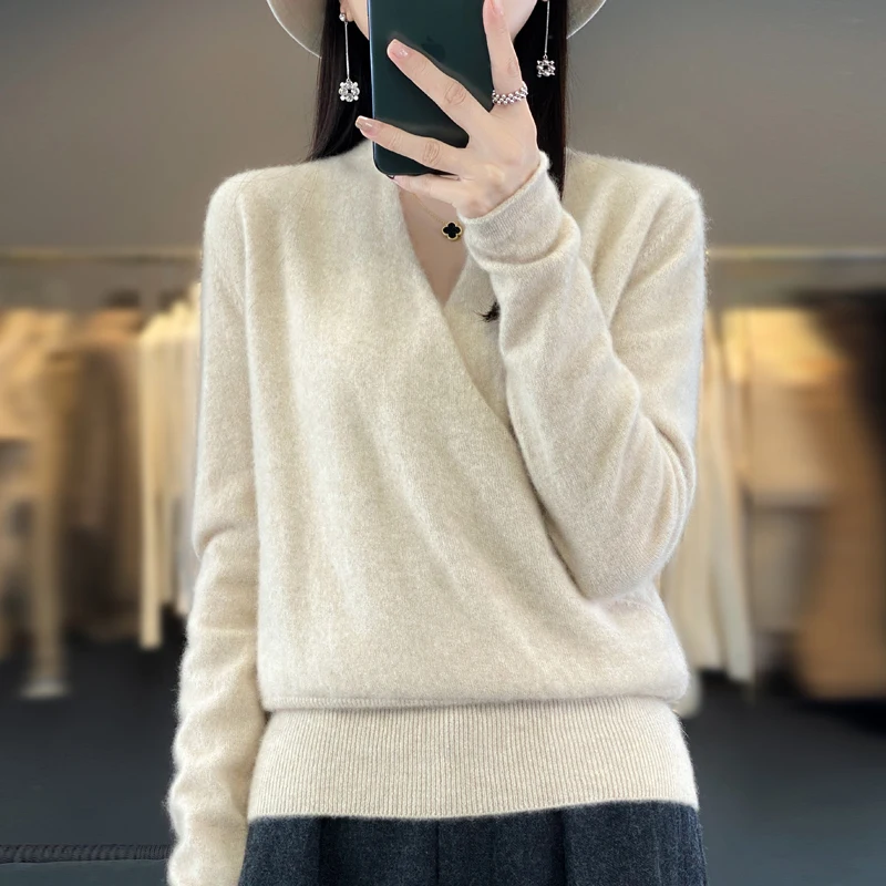 

100% Wool Pullover Women's V-neck Top Autumn and Winter New Cashmere Sweater Casual Knitting Loose Fashion Women's Jacket