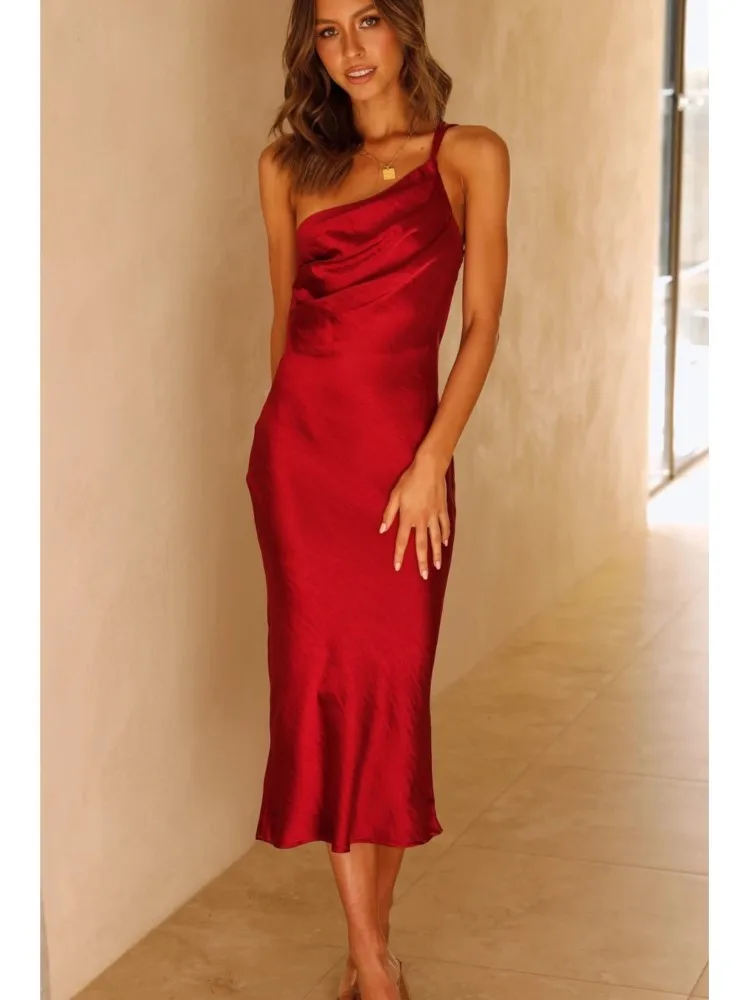 Elegante um ombro cinta de espaguete vestido sexy dobras sem costas leace-up vestidos de festa feminino pacote hip bodycon vestido de noite