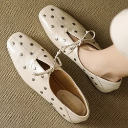 Plus size 34-42 women's cow leather lace-up flats oxfords high quality soft comfortable rivet casual female espadrilles shoes