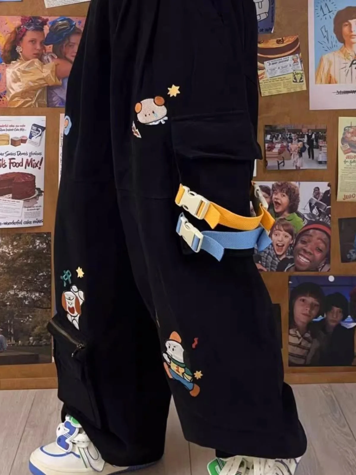 

plus Size Cartoon Embroidered Wide Leg Pants Men's Loose Straight Casual Trousers Spring Autumn Versatile Breathable Comfortable