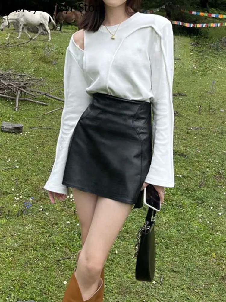 Fairycore Black Leather Skirt Women Summer Elegant Korean Fashion Bodycon Mini Skirt Vintage Gothic Irregular Slim Y2k Dress New