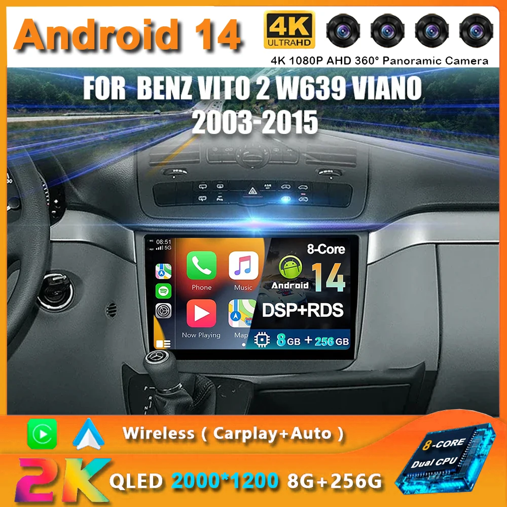 

Автомагнитола для Benz Vito 2 W639 Viano 2003-2015, мультимедийный видеоплеер, GPS, Carplay, Android 14, Авторадио, головное устройство 2K QLED