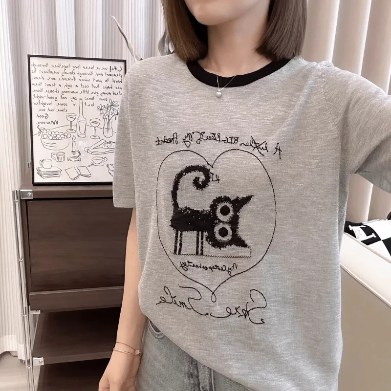 

Loose Kitten Letter Jacquard Ice Silk Short-sleeved T-shirt for Women Round Neck Age-reducing Top Trendy