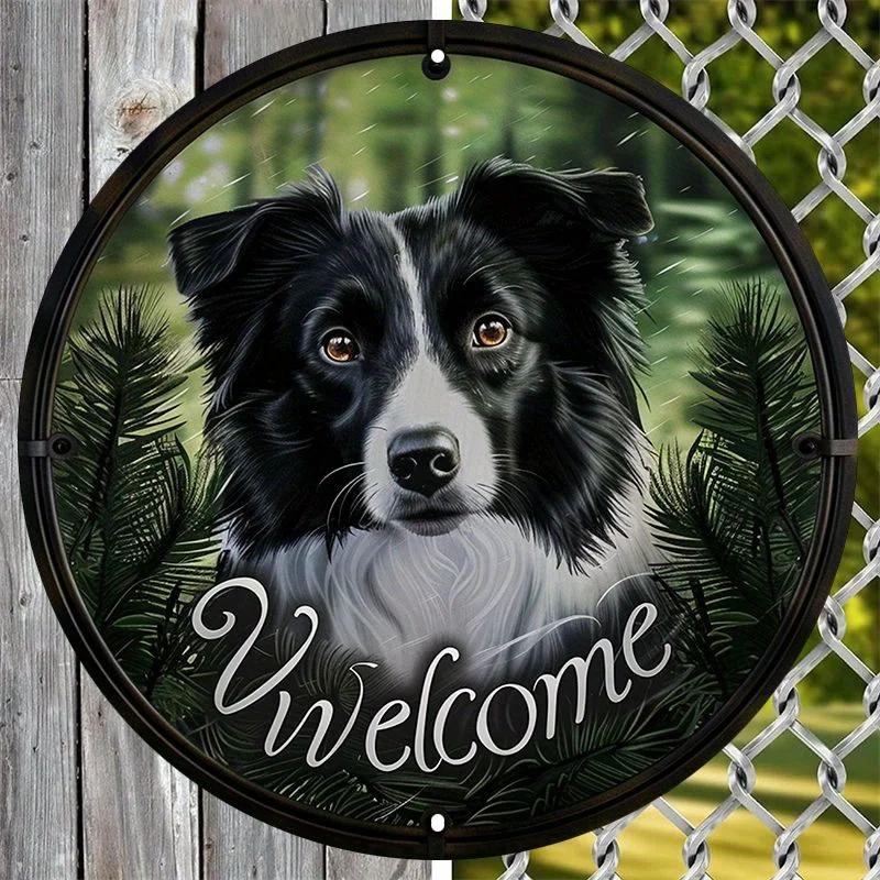 Aluminiowa grafika ścienna Welcome Dog Sign, wodoodporna okrągła dekoracja dla zwierząt, projekt Border Collie, idealna do domu, ogrodu, werandy