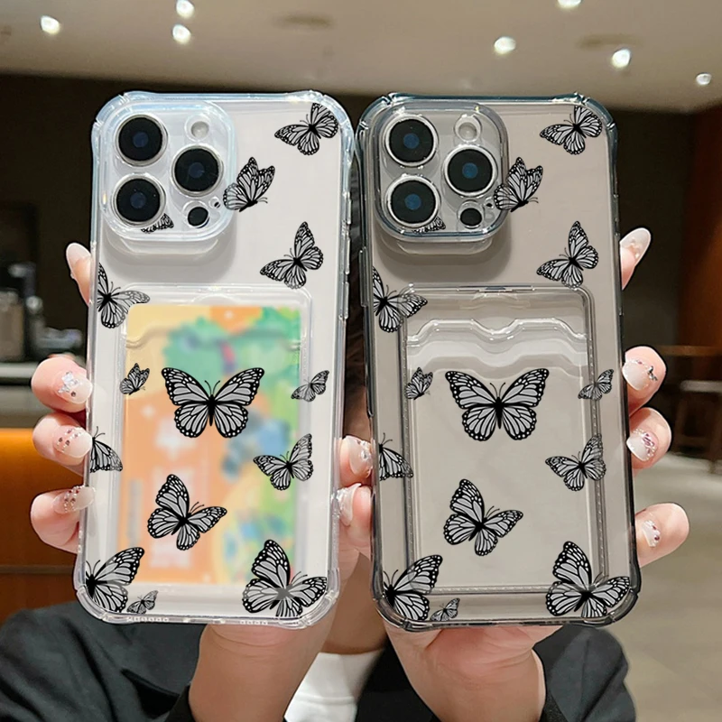 Luxury Card Slot Black Hollow Butterfly Case For iPhone 16 Pro Max 11 12 13 14 15 Pro Max Coque Shockproof Clear Silicone Cover