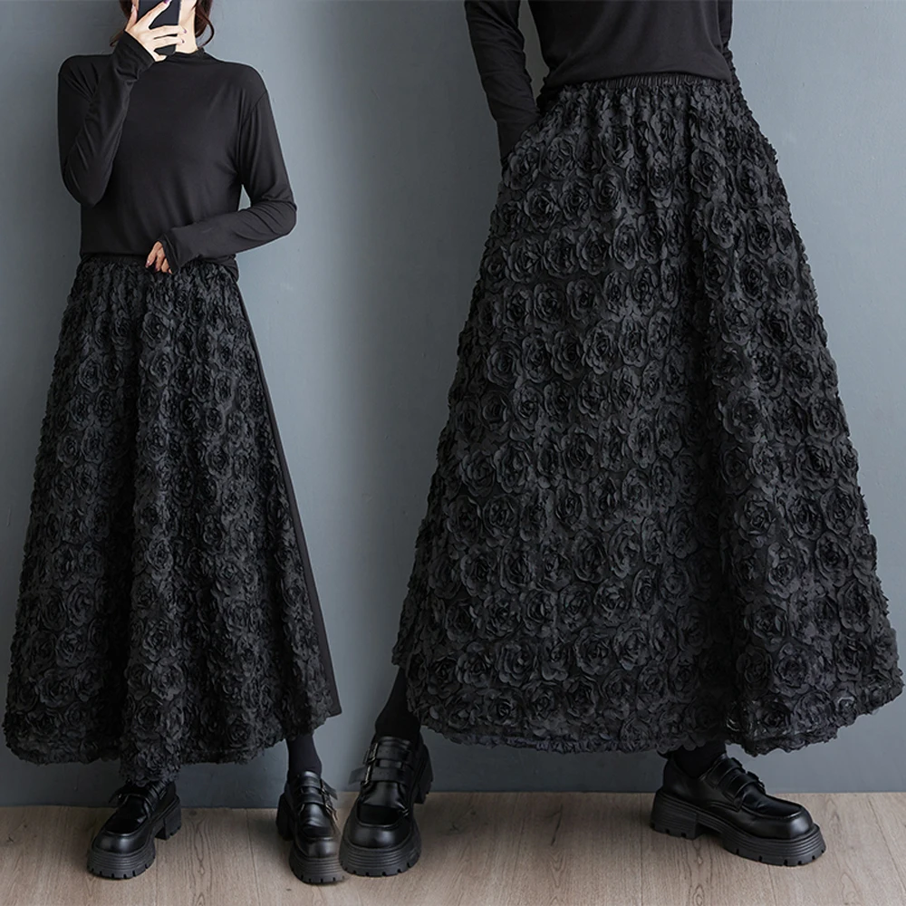 NYFS 2025 ربيع الخريف جديد امرأة التنانير الإناث عالية الخصر فضفاضة حجم كبير الصلبة ارتفع مقياس السمك نمط تنورة طويلة