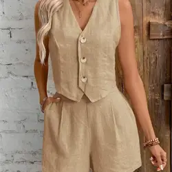 Summer 2Pcs Set Women Sleeveless T-Shirt And Shorts Cotton Linen Vest White Pants Two 2Pcs Sets Office Lady Outfit Casual Shorts