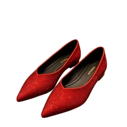 Full Diamond Pointed Flat Women's Mary Jane Flats Slip-On Solid Light Luxury Bright Red Black Gold Three-Color Joker