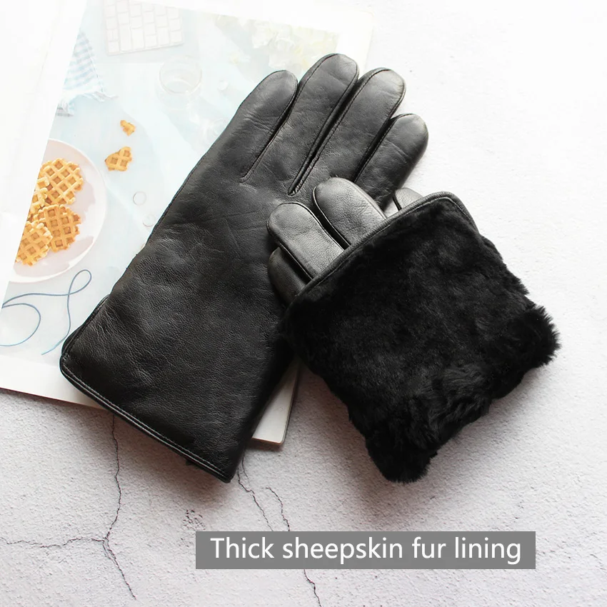 Winter Thickened Warm Leather Gloves Men Enlarged Sheepskin Fur Lining Outdoor Wind and Cold Resistant Motorcycle Riding