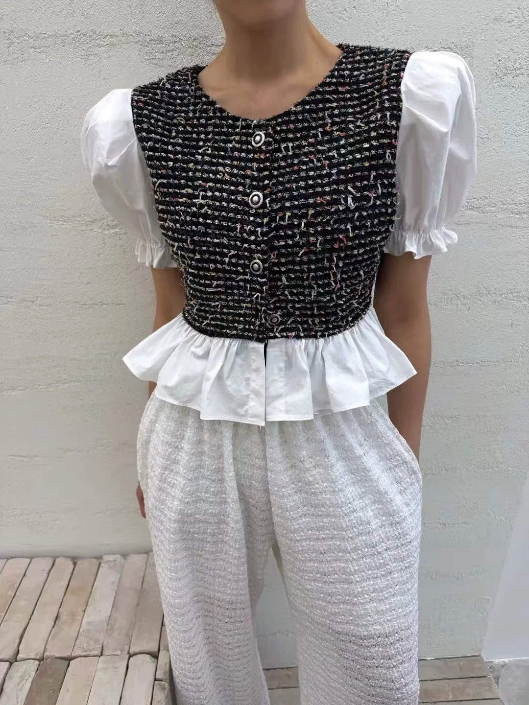 

Slim Fit Tweed Suit Jacket Women's round Neck Bubble Sleeve Short Coat Floral Splicing Hem Design Cotton Material Commute Style