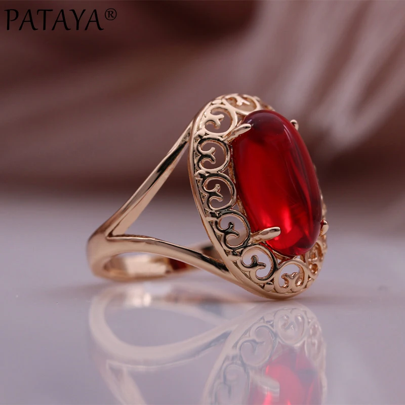 PATAYA New Oval Red Natural Zircon Earrings Ring Set 585 Rose Gold Color Fashion Women Jewelry Creative Wedding Party Set