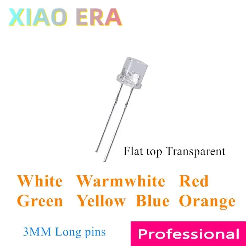 

Top fLat led 1000pcs 3mm White Warmwhite Red Green Yellow Blue Orange Long pins Transparent F3 Flat top LED Diodes