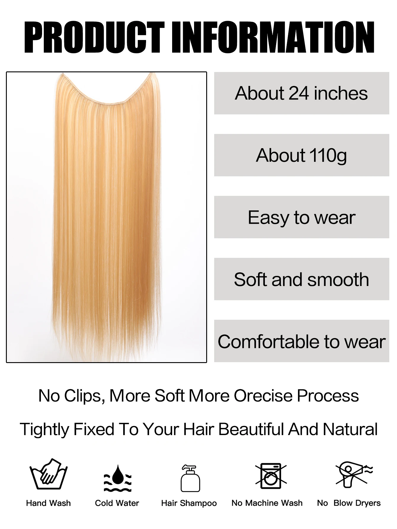 وصلات شعر اصطناعية غير مرئية للنساء ، قطع شعر بخيط سمكة ، بدون مقاطع ، شعر مزيف ، 24"