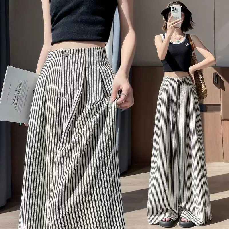 

New 2026 Women's Summer High Waisted Pajama Pants with Lazy and Loose Fit Thin Casual Stripes Straight Leg Pants Look Slim