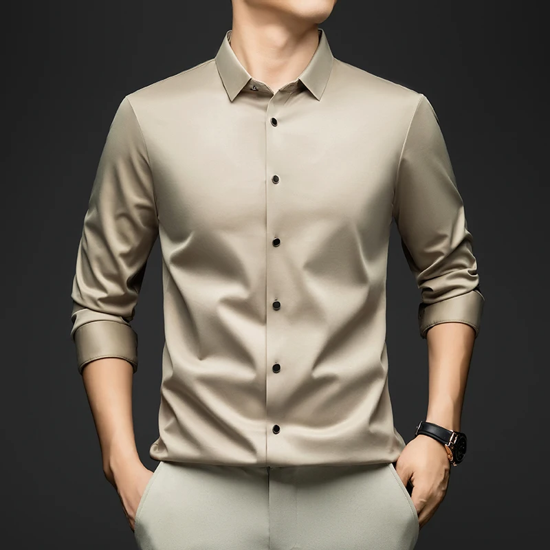 

BROWON 2025 весенне-осенняя рубашка мужская с длинным рукавом с квадратным воротником из тутового шелка формальная работа элегантная свадебная бесшовная рубашка