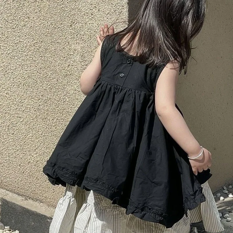 Summer Girls 2024 Set Lace Doll Shirt Baby Girls Loose Sleeveless Shirt Vest Skirt Shirt Girls Blouse and Pants Set