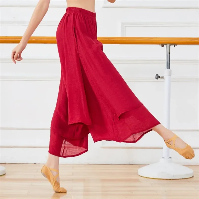 

Chinese Folk Dance Classical Dancing Pants Women Loose Wide Leg Trouser 2 Layers Fairy Body Rhyme Dancewear Side Split SQ70