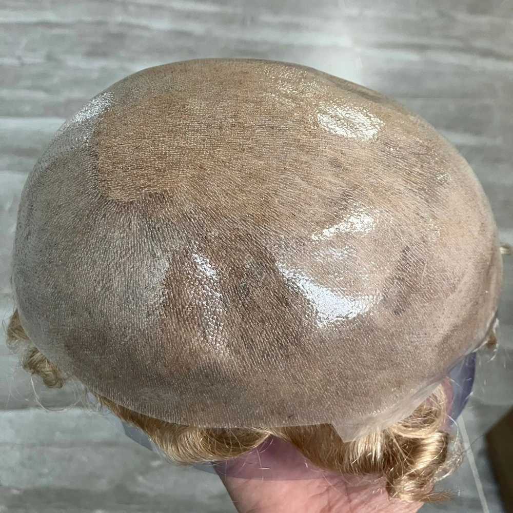 プラチナブロンド 20mm カール人毛ヘアピース 自然な生え際 マイクロスキン Vループ ポリベース 簡単装着 補毛キャップ