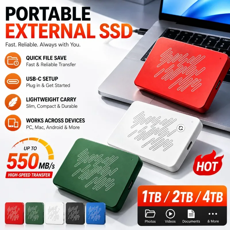 New Portable USB3.0 SSD A3 Series External Hard Drive, 500GB 1TB 2TB 4TB Black Solid State Disk for Gaming Console & Office Gift