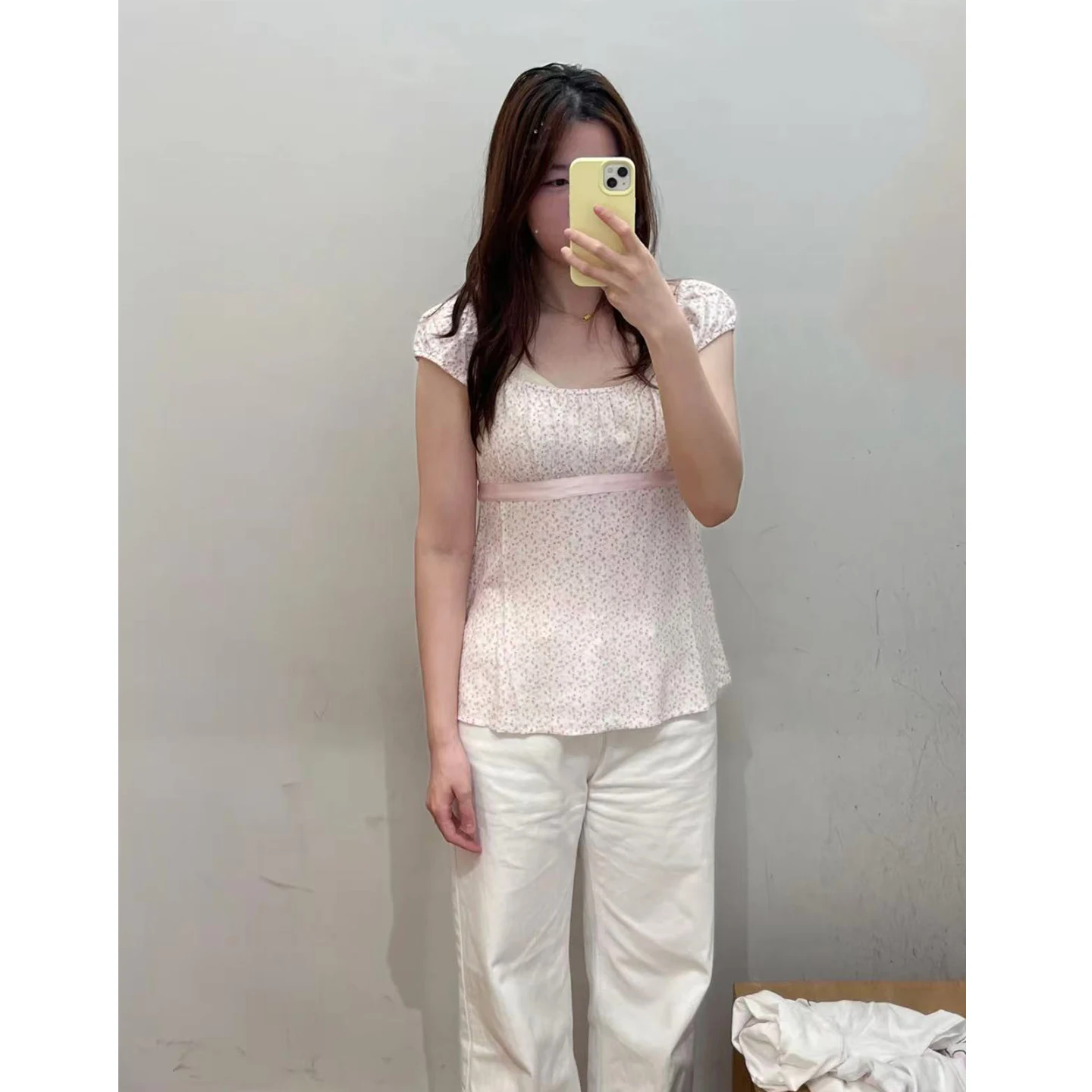 

Spring Summer New Sle Little Seagull Women's Bubble Sve round Ne Floral Print Overhead irt Ba Strap Sweet Versatil...