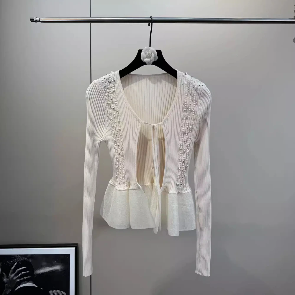 CHICEVER Spliced Beading two piece set for Women O Neck Long Sleeve Patchwork Ruffles Hem Coat with Short Vest Sweet Suit Female