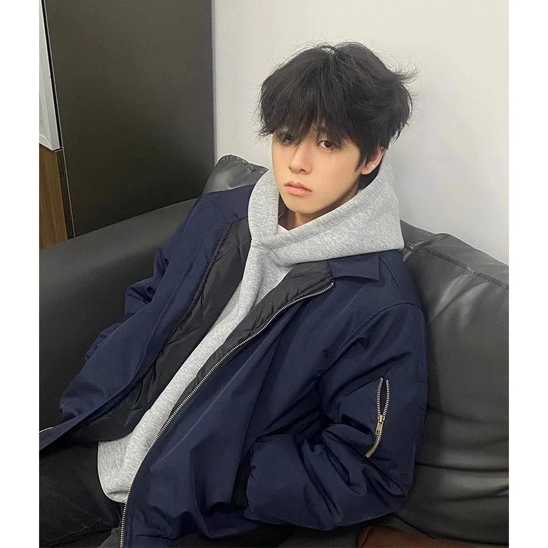 Cleanfit Navy Blue Cotton Coat Men's Autumn and Winter American Retro Vibe Flight Jacket Thermal Cotton Coat Men's and Women's