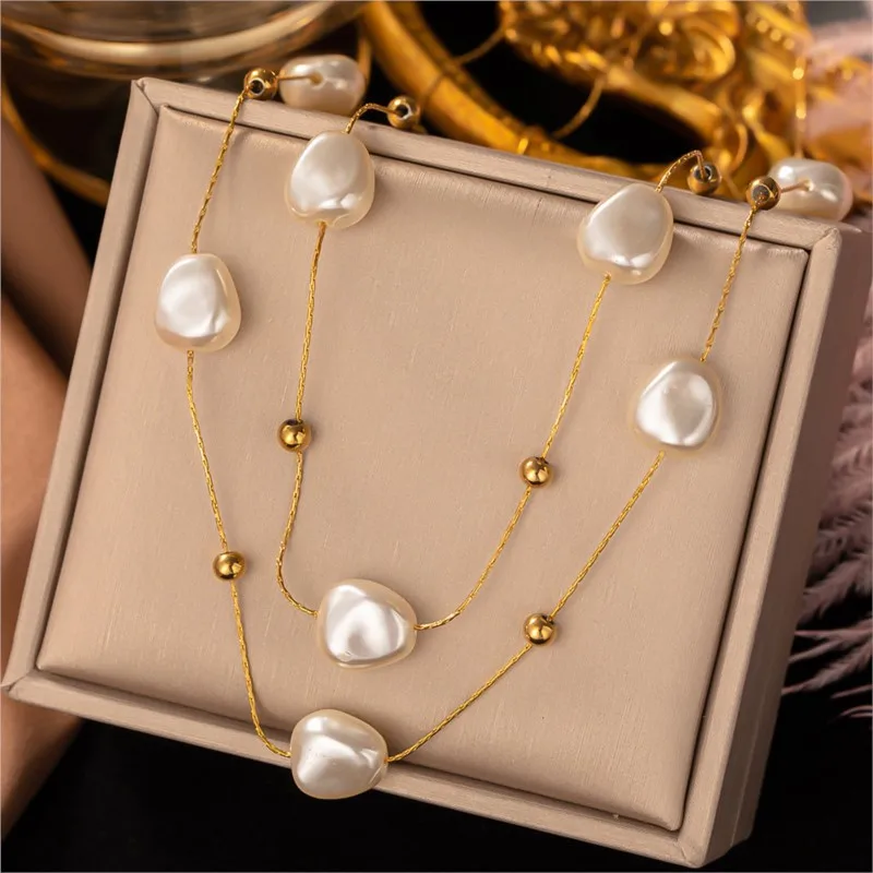 ANENJERY L316 Stainless Steel Doube Layer Imitation Pearl Beads Necklace for Women Niche Vintage Clavicle Chain Jewelry Gift