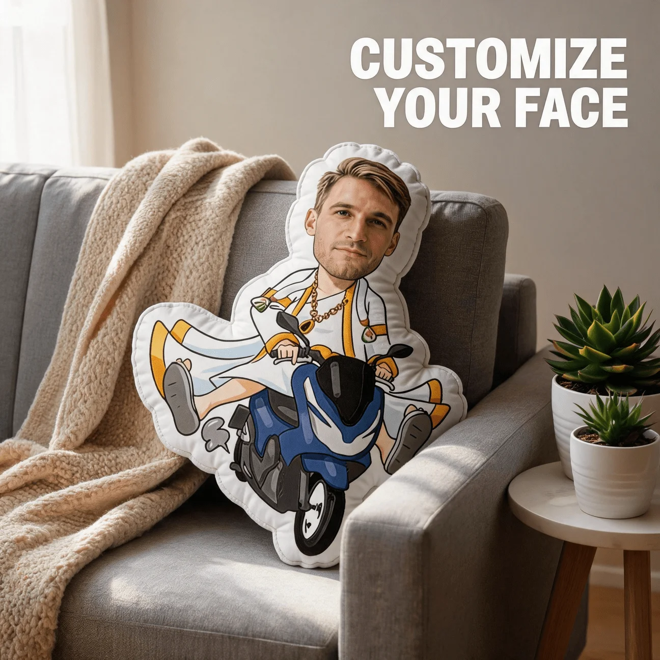 Custom Photo Shaped Pillow, Personalized Face on Funny Scooter Rider Design Decorative Cushion, Creative Gift for Boyfriend Husb