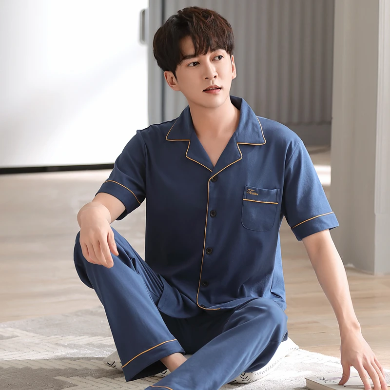 New Arrival Pajamas Men's Cotton Short-sleeved Striped Pijama Hombre Summer Men's Teen Long Pants Cardigan Homewear 2-Piece Suit