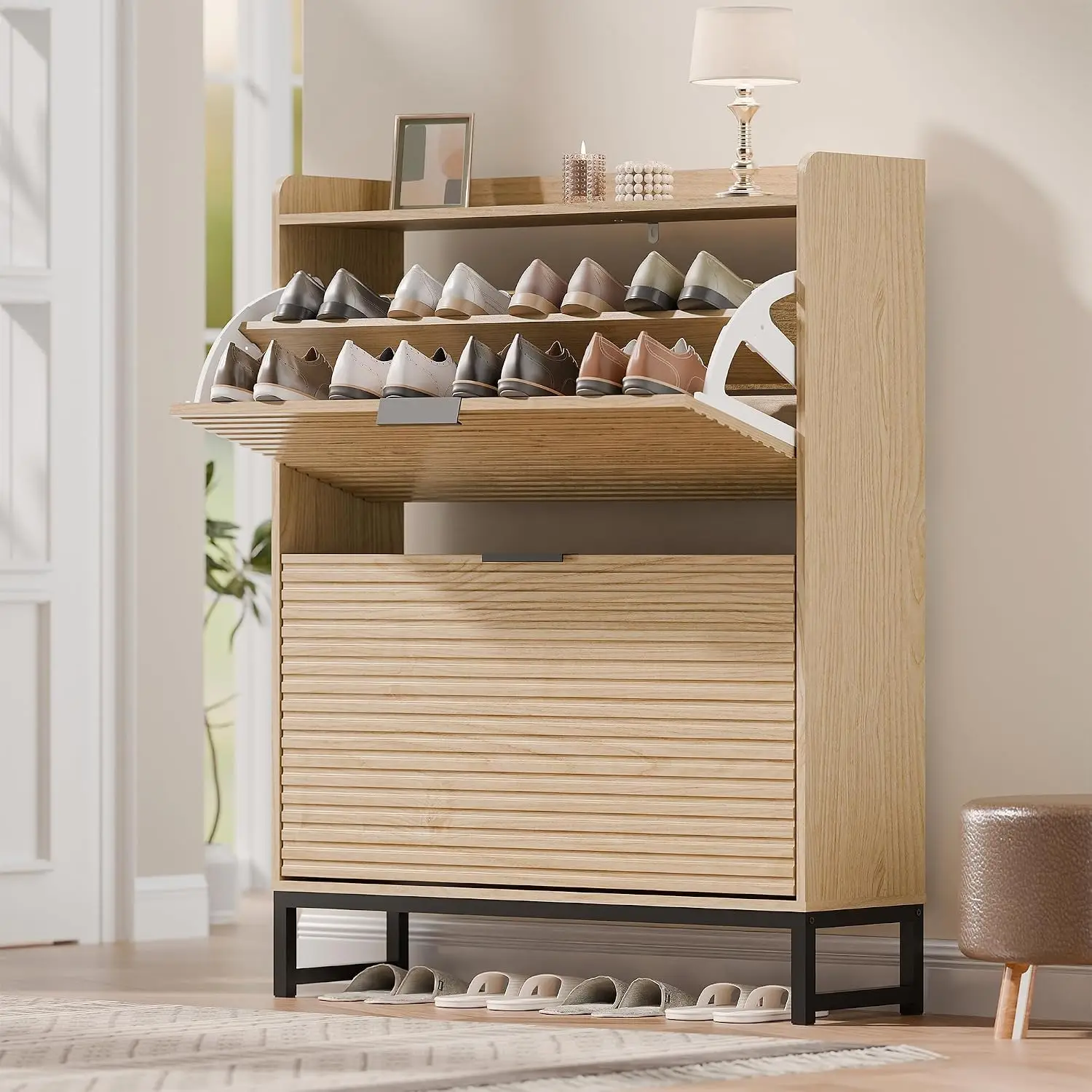 Shoe Cabinet with 2 Flip Drawers, Freestanding Fluted Narrow Wood Hidden Organizer with Metal Legs for Entryway, Customized