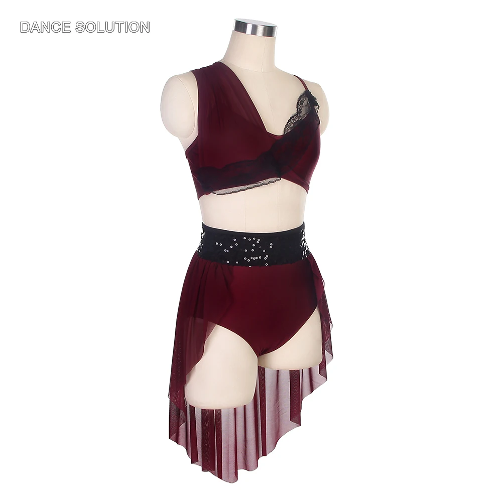 

Burgundy Spandex Top with Shorts and Mesh Backskirt Lyrical & Contemporary Dance Suit for Adult & Kid Stage Costumes 19606