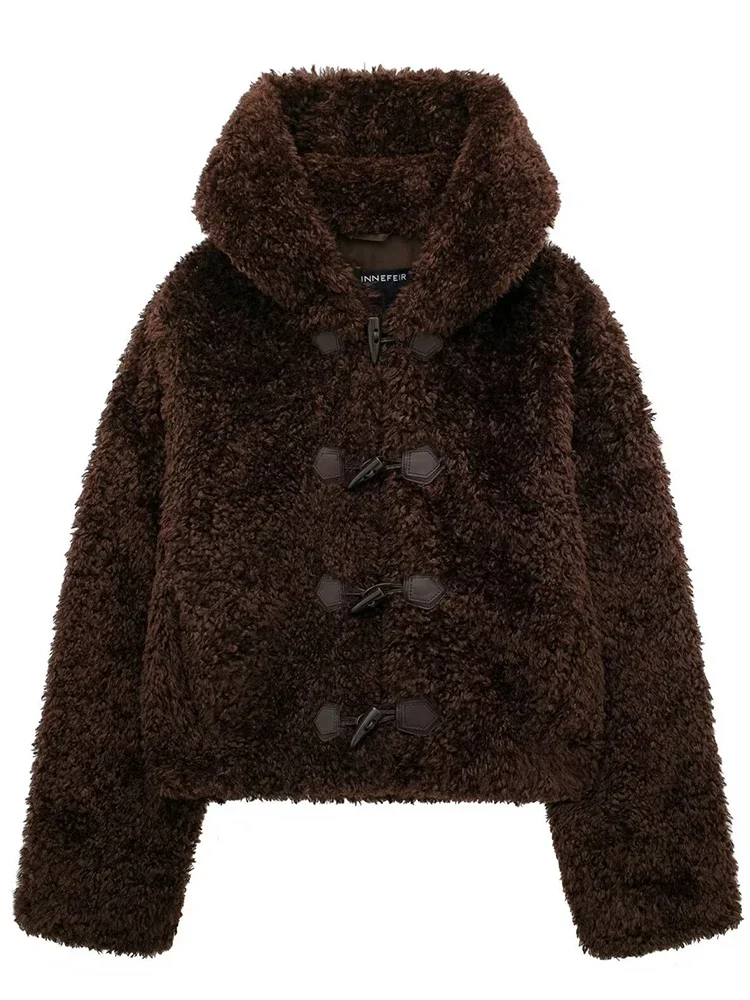 Aynaray Winter Autumn Women Fur Teddy Jacket Solid Brown Long Sleeve Tops Outwear Coat for Women with Hooded