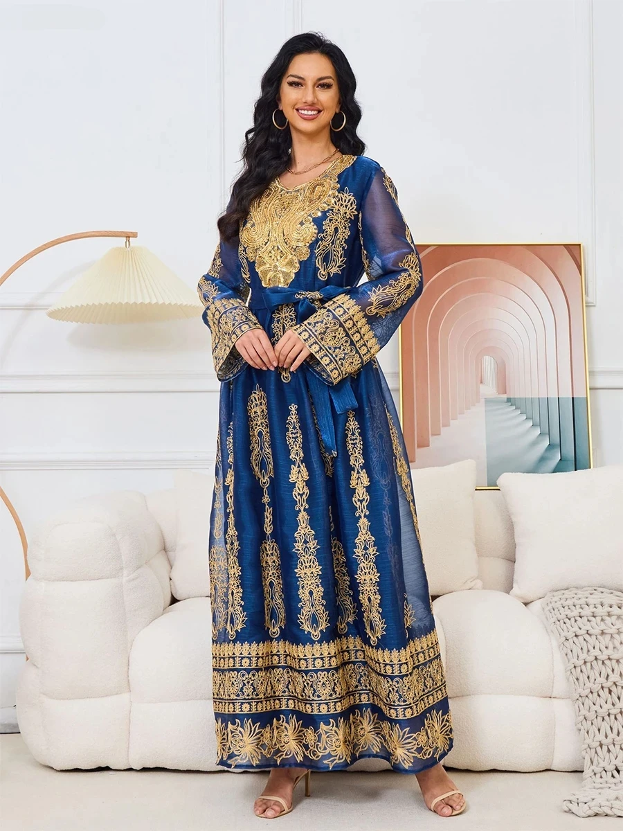 

Blue Fashion Sequins Embroidery Muslim Woman Oriental Dress With Sashes Moroccan Turkish Women Elegant Party Gown