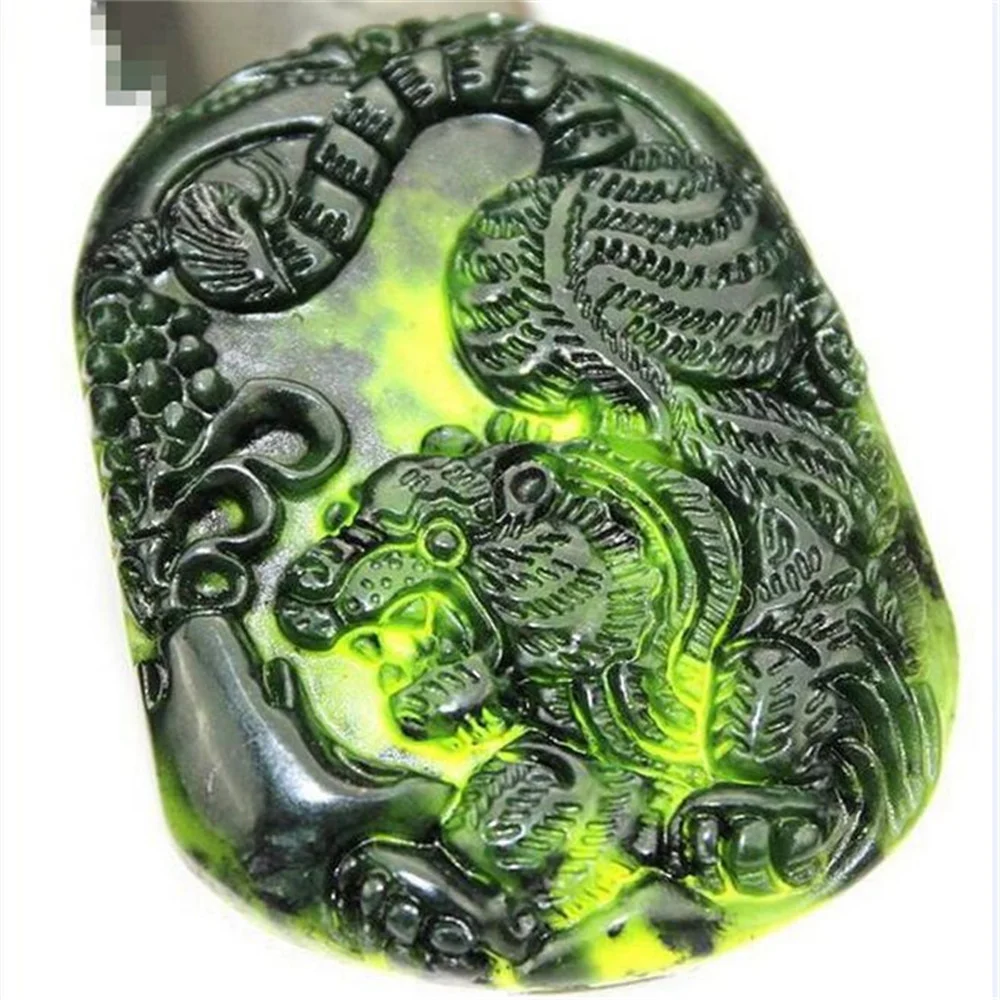 Charm Natural Black Green Stone Jade Carved Chinese TaiJi BaGua Tiger Dragon Lucky Pendant Amulet Rope Necklace Gift Jewelry