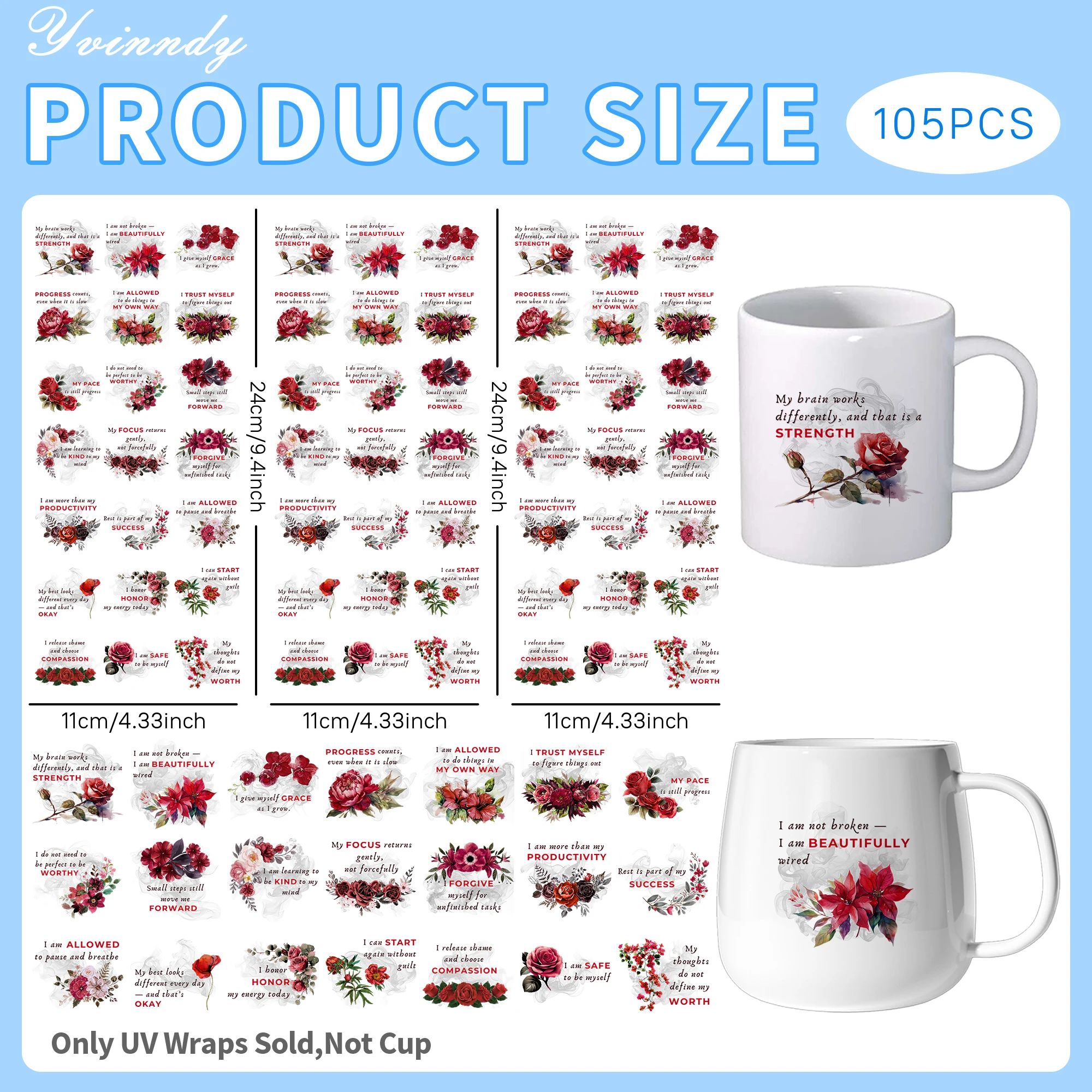 105Pcs/Set Red Flowers Transparent UV DTF Transfer Sticker DIY Craft Kits with Crystal Label 16oz Glass Jars Wrap Stickers