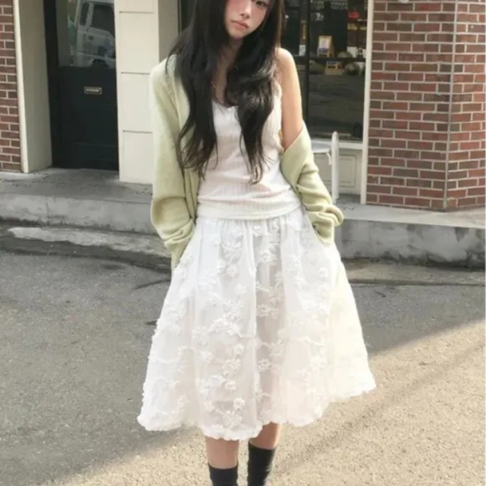 Nimo Home Korean Style Embroidered 3D Floral Elastic Waist Half Skirt Women's A-Line Skirt Standard Fit Summer Season Polyest...