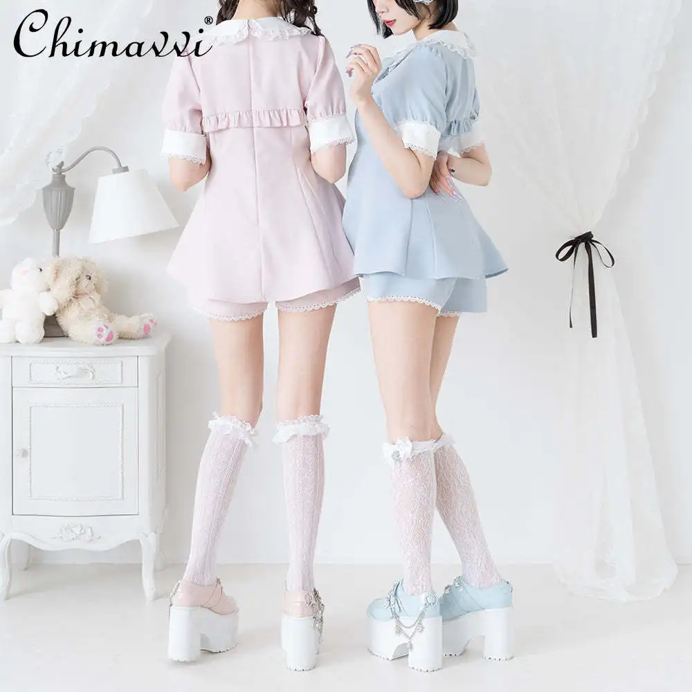 Japanese Lolita Sweet Top and Shorts Suit Summer New Slim Waist Big Bow Lace Edge Short Sleeve Shirt Dress Shorts Girl's Outfits