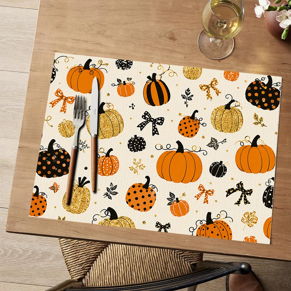 4Pcs, Polka Dot Bowknot Gold Glitter Pumpkin Placemats, Imitation Linen Autumn Dining Table Heat Insulation Mats, Thanksgiving Autumn Harvest Placemats, Family Gathering Table Decoration Gifts