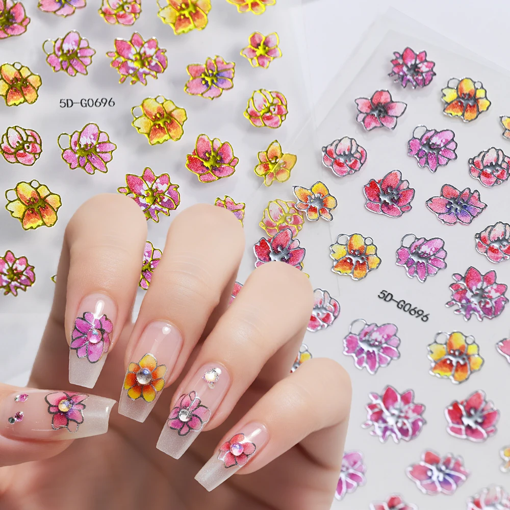 Gold Silver 5D Embossed Flower Nail Stickers Pink Purple Gradient Blossom Adhesive Nails Decals Spring Floral Manicure Sliders 1