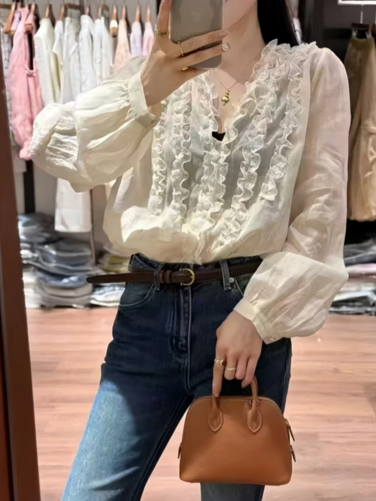 

Sweet Style Long Sleeve Loose Fit Women's Shirt V-Neck Lace Trim Thin Spring Summer Top Elegant Gentle Fashion 2026