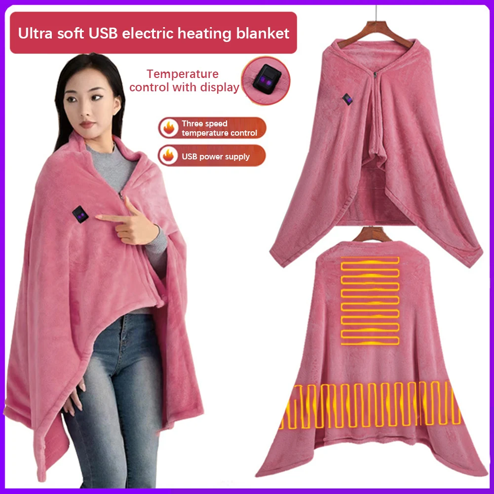 USB Coral Fleece Heated Blanket 3 Temperature Adjustment Wireless Heated Blanket Cordless Heated Shawl for Outdoor Camping