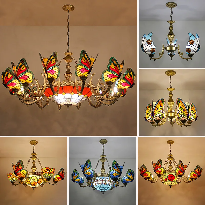 

European-Style Tiffany Butterfly Butterfly Living Room Bedroom Dining Room Light Bar Cafe Hotel Creative Warm Chandeliers