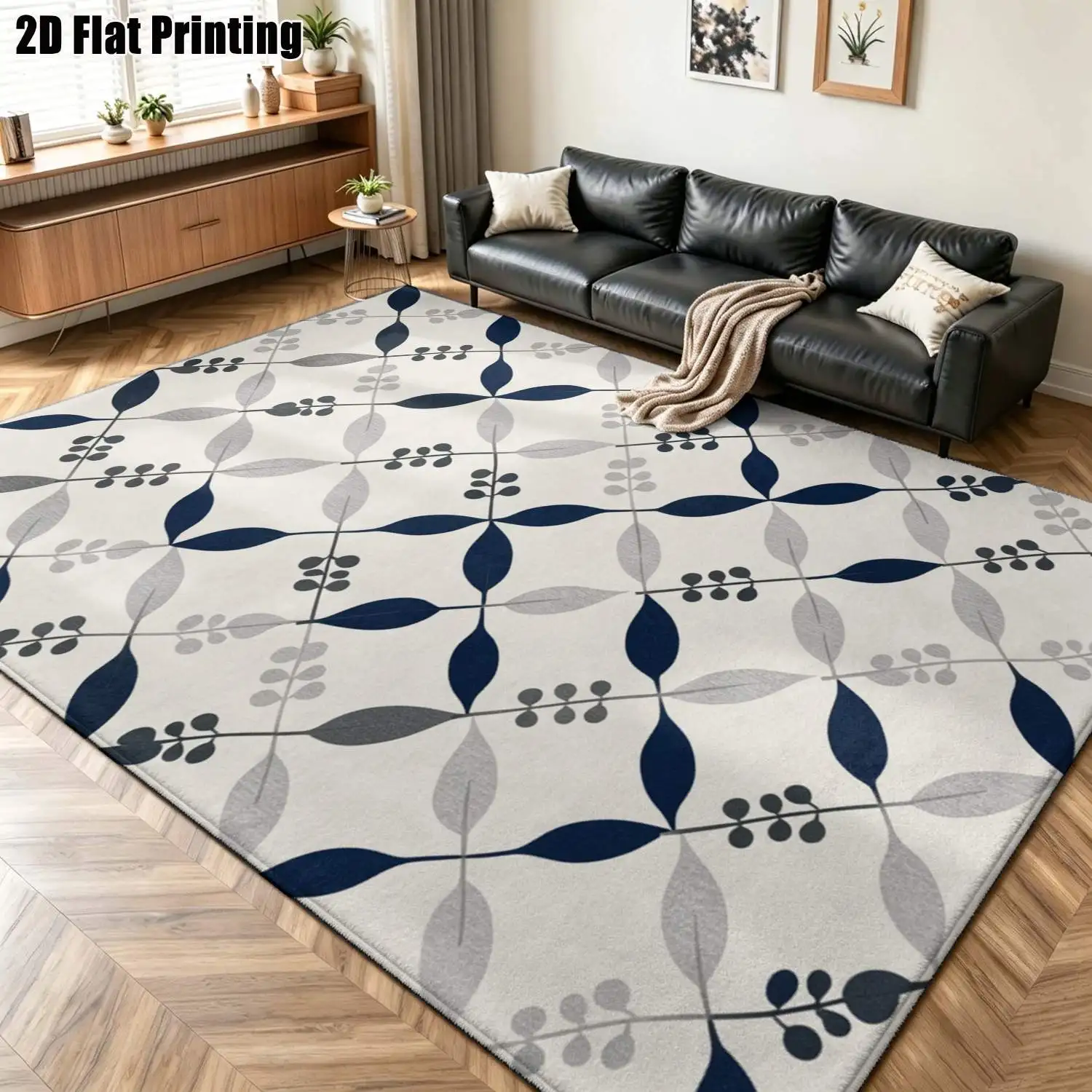 1Pc 2D Printed Carpet: Blue-Gray Geometric Leaf Pattern Nordic/Modern Minimalist/European Style, Machine Washable, Multiple Sizes. Ideal for Entryway, Living Room, Bedroom, Dining Room & Foyer Decor.