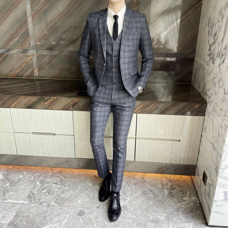 High-quality cotton texture (suit + vest + trousers) Wedding suit men\'s fashion business trend boutique casual plaid suit three-