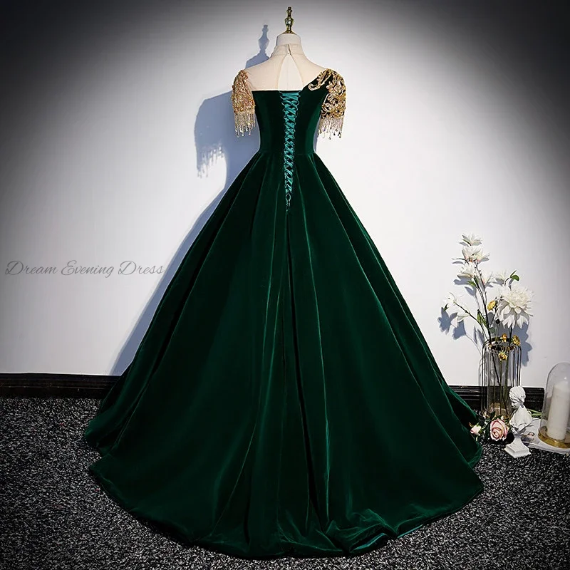 Elegant Dark Green Evening Dresses Gold Velvet Fringe Sleeve A-line Formal Prom Party Dresses vestidos de graduación For Women