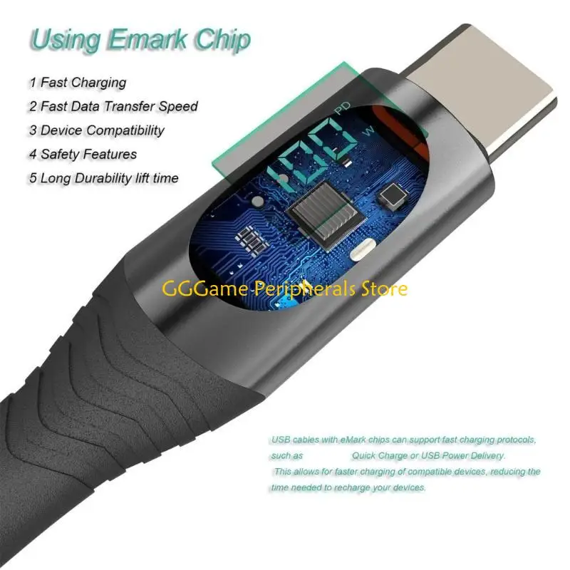 U55B 100W Twin Type C Charging Cable with Digital Power Display Fast Charging Data Line