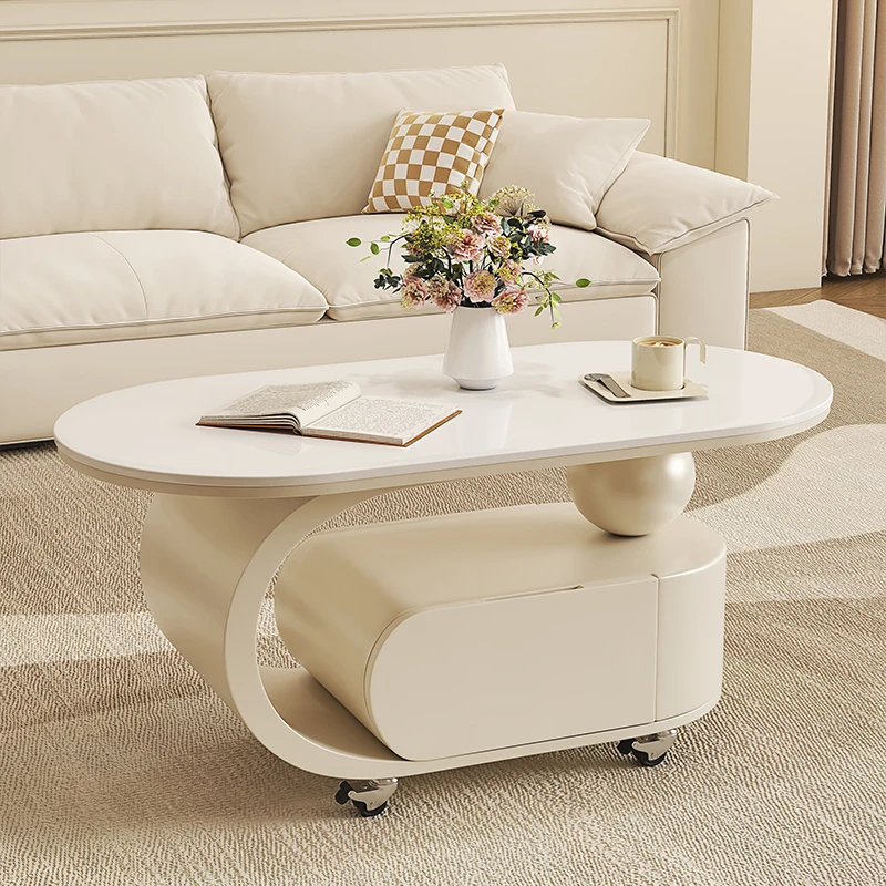

French cream wind rock board coffee table household living room small apartment modern simple high-end sense movable creative de