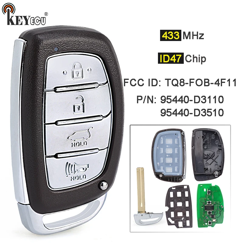 

KEYECU 433MHz ID47 Chip P/N: 95440-D3110 95440-D3510 FCC ID: TQ8-FOB-4F11 Smart Keyless Remote Key for Hyundai Tucson 2018-2021